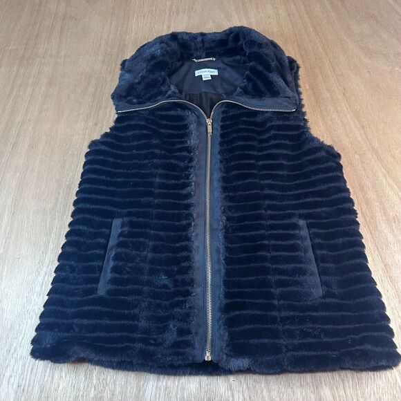 Calvin Klein Women’s Faux Fur Vest Black Hooded Zip Front Plush Size Small - Picture 1 of 4